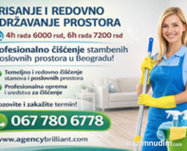 Brisanje i redovno održavanje prostora za 4h rada 6000 rsd, za 6h rada 7200 rsd 